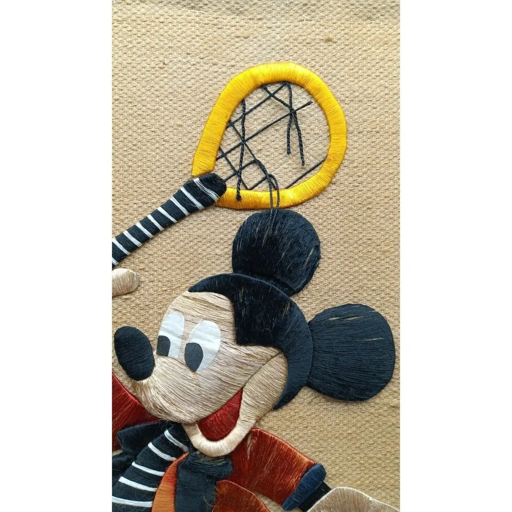 MICKEY MOUSE Woven Burlap Vintage‎ Wall Hanging Tapestry Embroidery Plays Tennis